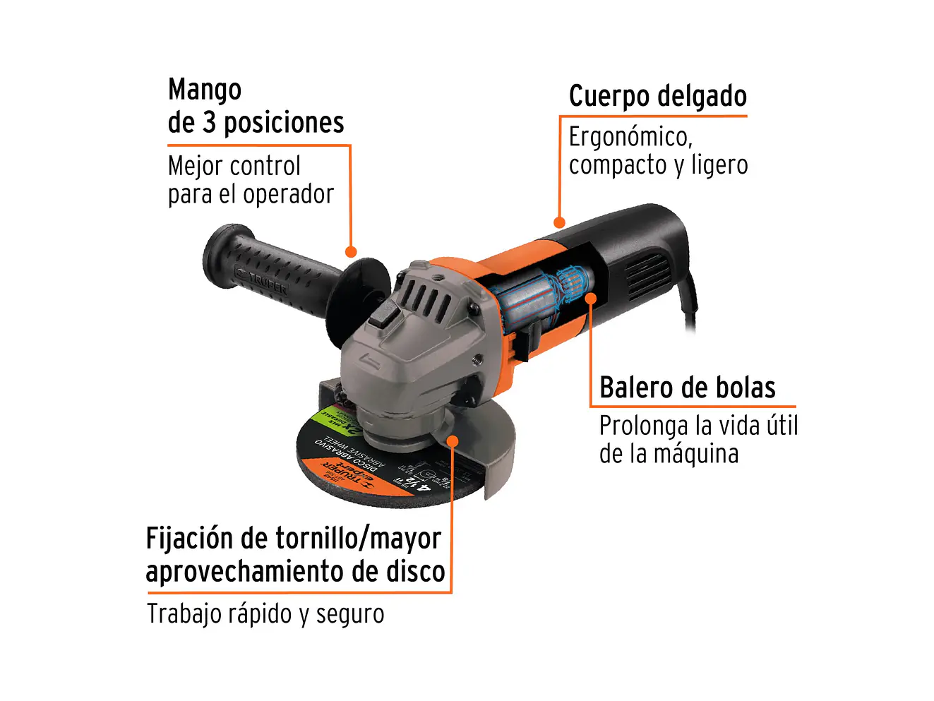 Pulidora angular 4-1/2 profesional Truper 14013 700W  - Foto 2 | aztools.co