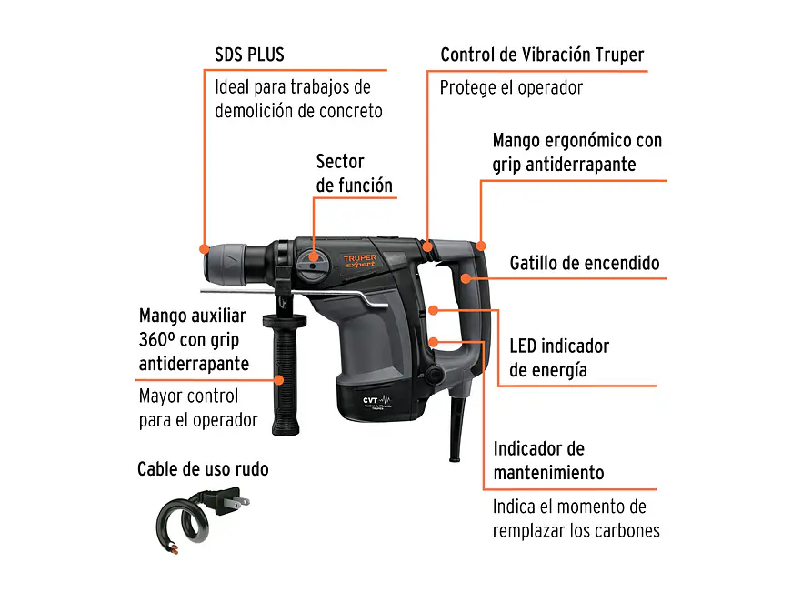 Demoledor rotomartillo SDS Plus 6 Joules, 1100 W, TRUPER Expert RPLUS-6NX, 101221  - Foto 2 | aztools.co