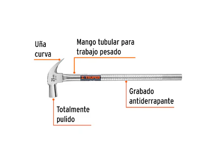 Martillo de uña cabeza conica  curva 29 mm 20 onzas mango tubular TRUPER MAC-29T 11175 - Foto 3 | aztools.co