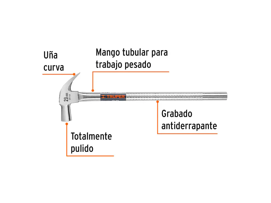 Martillo de uña cabeza conica  curva 29 mm 20 onzas mango tubular TRUPER MAC-29T 11175 - Foto 3 | aztools.co