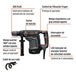 Demoledor Rotomartillo SDS Plus 4 Joules, 1000 W, con Velocidad Variable y Accesorios Incluidos Truper Expert RPLUS-4NX 101220