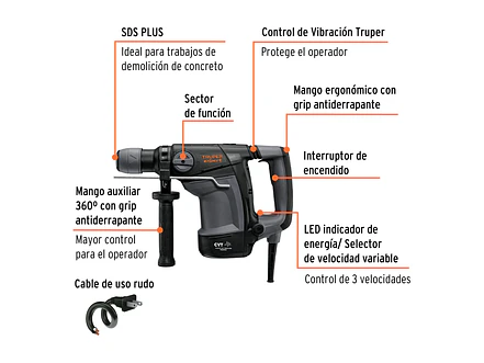 Demoledor Rotomartillo SDS Plus 4 Joules, 1000 W, con Velocidad Variable y Accesorios Incluidos Truper Expert RPLUS-4NX 101220 - Foto 2 | aztools.co