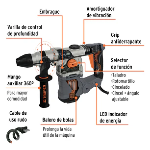 Demoledor Rotomartillo Industrial SDS Plus Truper 19323, 6 Joules, 1600W con Accesorios y Maleta, ROEL-60N 