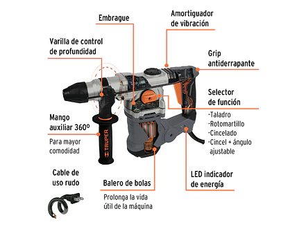 Demoledor Rotomartillo Industrial SDS Plus Truper 19323, 6 Joules, 1600W con Accesorios y Maleta, ROEL-60N  - Foto 2 | aztools.co