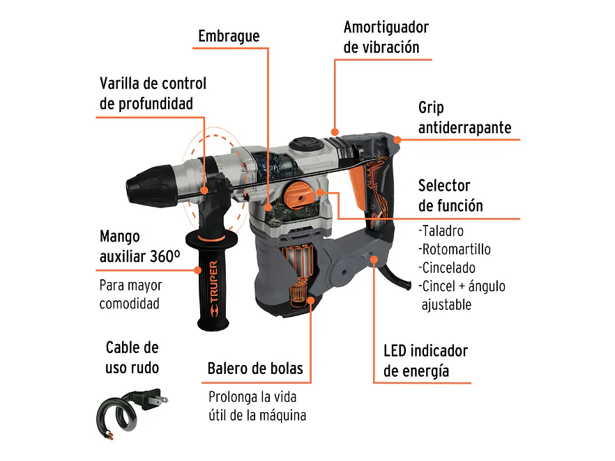 Demoledor Rotomartillo Industrial SDS Plus Truper 19323, 6 Joules, 1600W con Accesorios y Maleta, ROEL-60N  - Foto 2 | aztools.co