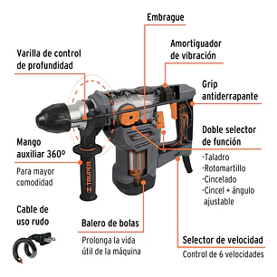 Demoledor Rotomartillo Industrial SDS Plus Truper 19320 , 5 Joules, 1500W con Accesorios y Maleta, ROEL-50N 