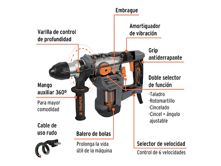 Demoledor Rotomartillo Industrial SDS Plus Truper 19320 , 5 Joules, 1500W con Accesorios y Maleta, ROEL-50N  - Foto 2 | aztools.co