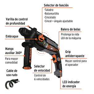 Taladro Demoledor Percutor Electroneumático SDS Plus Truper 16762 2.0 Joules, 650W Incluye Accesorios y Maleta ROEL-20N