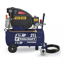 Kit Compresor de Aire Horizontal 21 Litros Toolcraft TC5590: 127V, 1.5 HP, 2 Salidas de Aire, 6.2 Galones, Incluye Pistola para Pintar y Manguera.