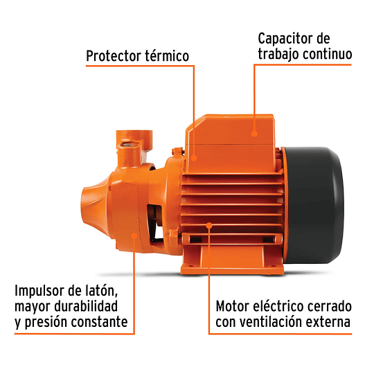 Bomba Eléctrica Periférica Truper 10068: 1/2 HP, 45m altura, 42 L/min flujo, 8m succión, 3,450 rpm. 