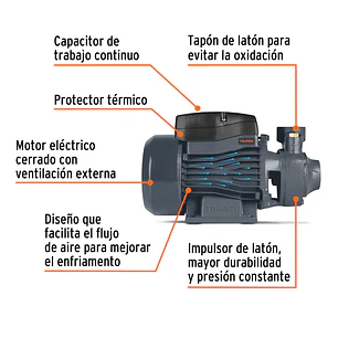 Bomba Eléctrica Periférica 1/2 HP Truper 12111 - Potencia de 1/2 HP, Presión de hasta 40m 