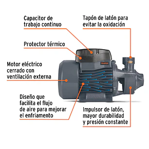 Bomba Periférica Truper 12113 de 3/4 HP Flujo Máximo de 40 L/min - Altura Máxima de 55 m