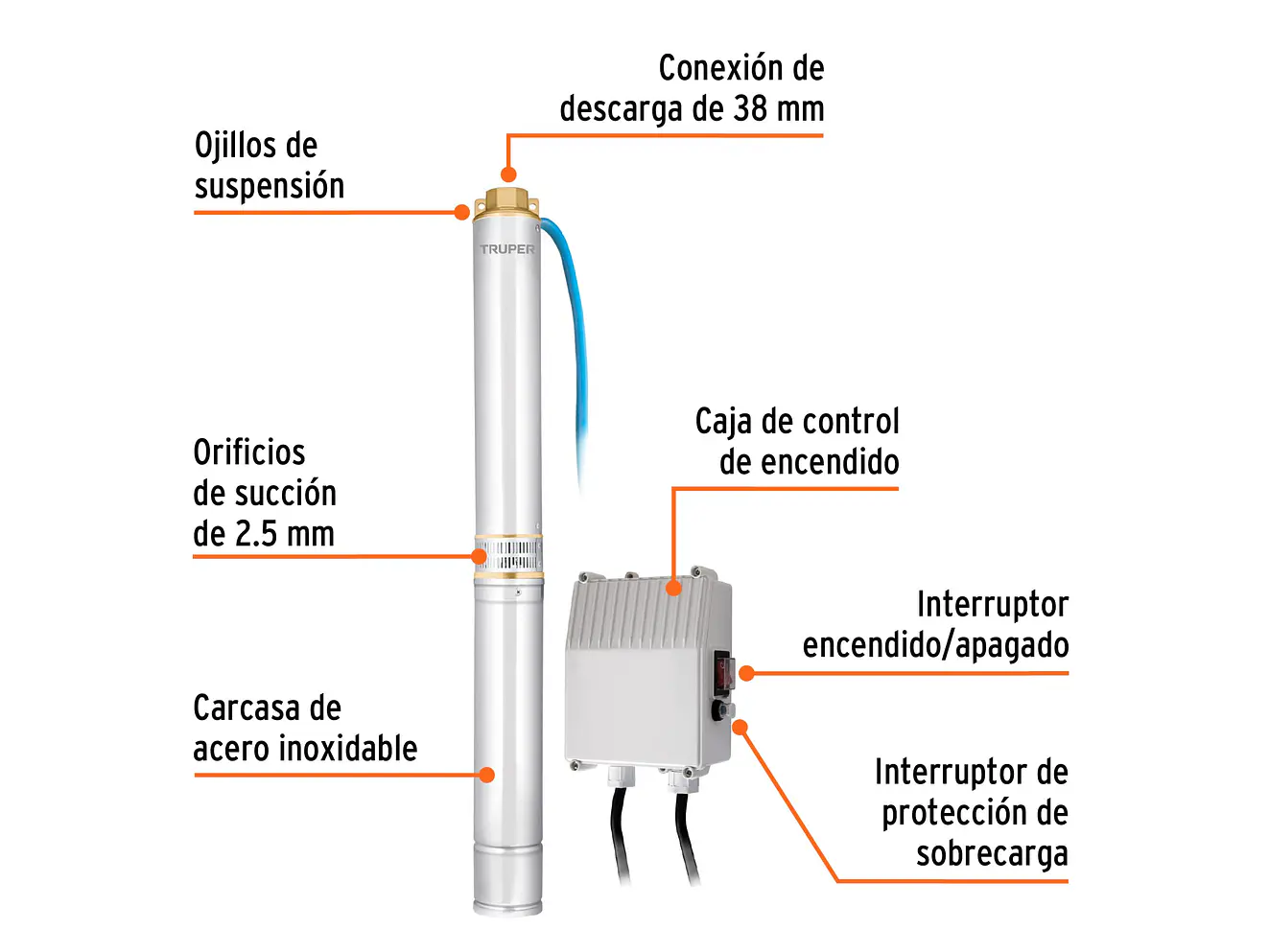 Bomba de Agua Sumergible Tipo Lapicero TRUPER 12627 2 HP (80m Altura Máxima) - Foto 2 | aztools.co