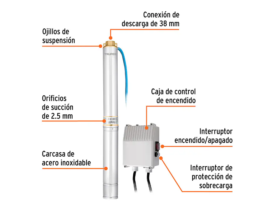 Bomba de Agua Sumergible Tipo Lapicero TRUPER 12627 2 HP (80m Altura Máxima) - Foto 2 | aztools.co