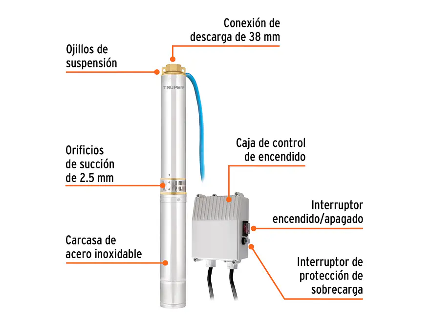 Bomba Sumergible Tipo Lapicero de 1.1/2, 1.1/2HP Truper 12626 - Altura Máxima de Bombeo de 60m - Foto 3 | aztools.co