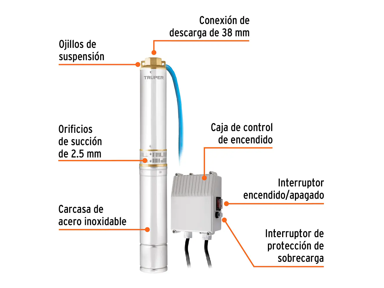 Bomba Sumergible Tipo Lapicero de 1.1/2, 1 HP Truper 12625 Altura Máxima de Bombeo de 40m - Foto 3 | aztools.co