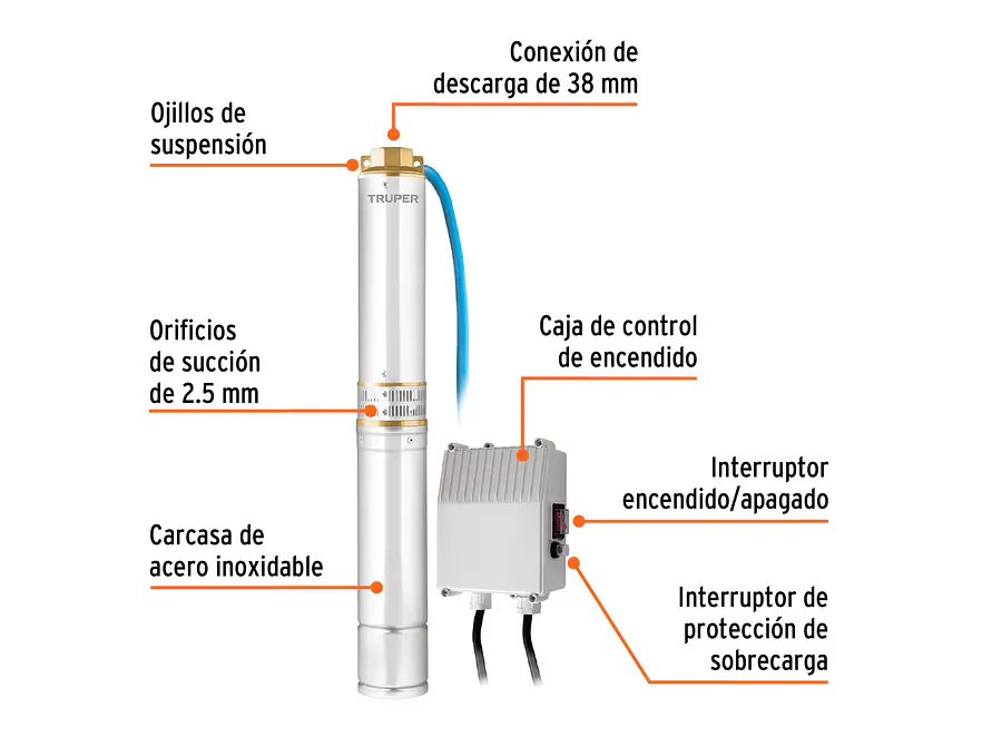 Bomba Sumergible Tipo Lapicero de 1.1/2, 1 HP Truper 12625 Altura Máxima de Bombeo de 40m - Foto 3 | aztools.co