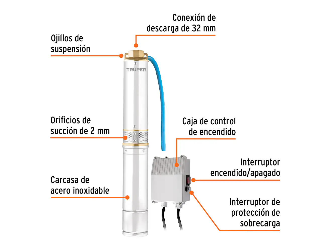 Bomba Sumergible Tipo Lapicero de 1.1/4, 3/4 HP Truper 16934 - ?Altura Máxima de Bombeo de 40m - Foto 3 | aztools.co