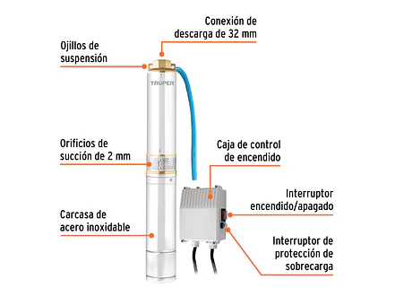Bomba Sumergible Tipo Lapicero de 1.1/4, 3/4 HP Truper 16934 - ?Altura Máxima de Bombeo de 40m - Foto 3 | aztools.co