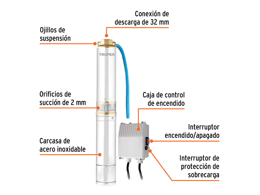 Bomba Sumergible Tipo Lapicero de 1.1/4, 3/4 HP Truper 16934 - ?Altura Máxima de Bombeo de 40m - Foto 3 | aztools.co