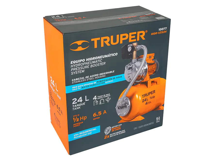 Bomba Hidroneumática Truper BOHI-24 10077 1/2 HP Tanque 24 Litros 28m Altura 4 Tomas 110V - Foto 6 | aztools.co