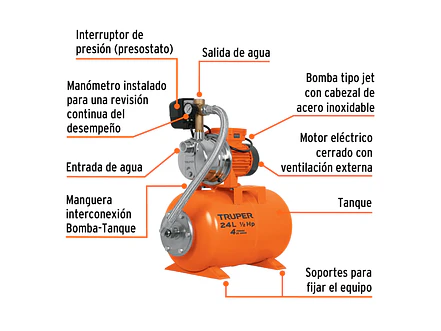 Bomba Hidroneumática Truper BOHI-24 10077 1/2 HP Tanque 24 Litros 28m Altura 4 Tomas 110V - Foto 3 | aztools.co