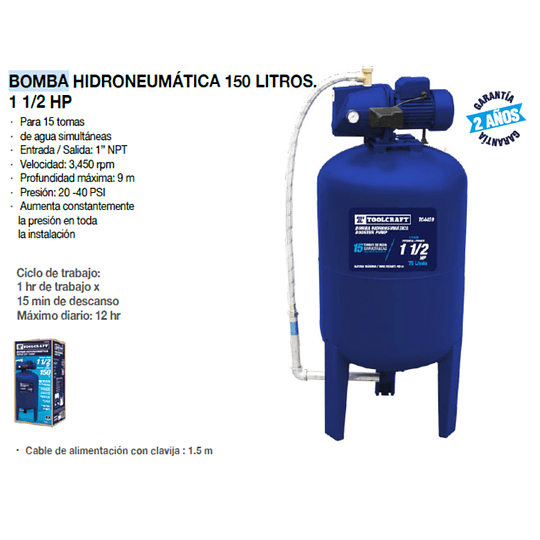 Bomba Hidroneumática Toolcraft TC4459: 1 1/2Hp, 150L, 120V, 15 tomas, flujo 75L/min, presión 20-40PSI, altura 45m.