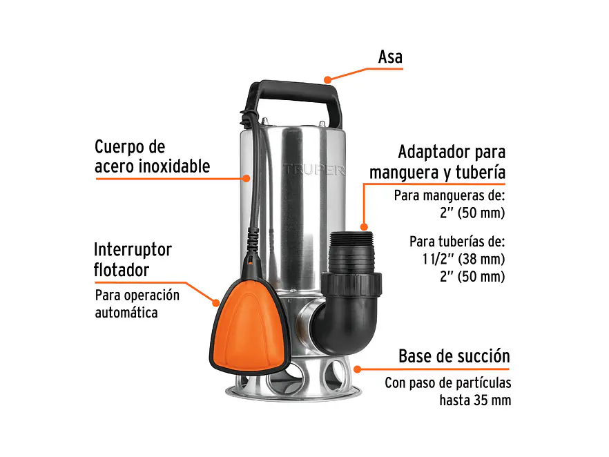 Bomba sumergible metálica para agua sucia Truper 12608 1-1/2HP  - Foto 3 | aztools.co