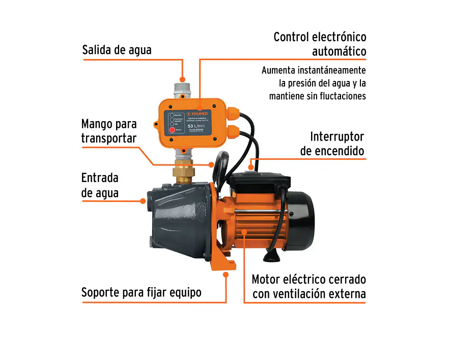 Bomba Presurizadora Jet Truper 19397 1 HP 38m Altura con Control Automático 110V - Foto 2 | aztools.co