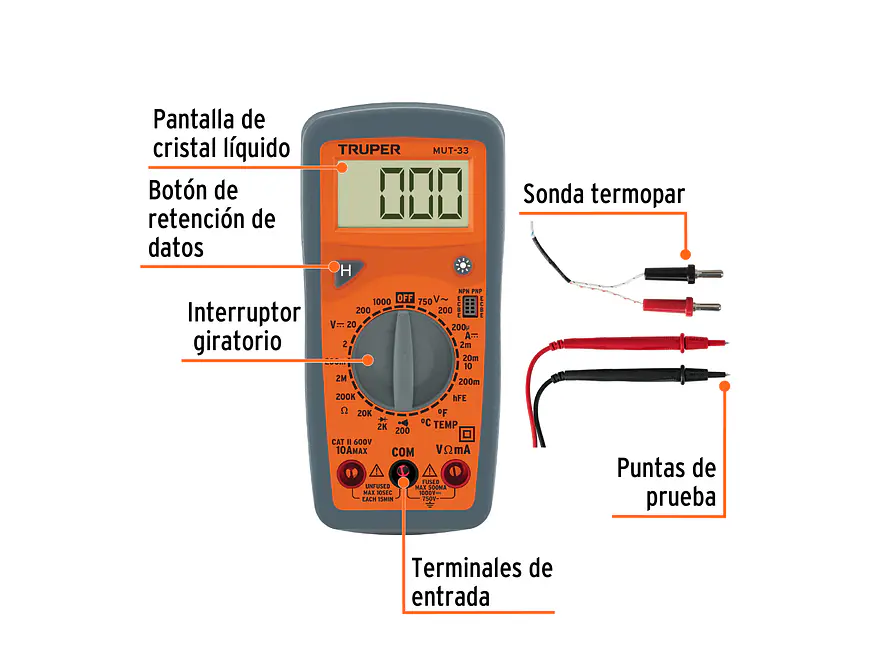 Multímetro Digital Básico Truper 10401 - Uso Básico - Especificaciones Detalladas - Foto 2 | aztools.co