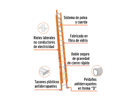 Escalera de extensión Truper 100228, tipo II, 20 peldaños, fibra de vidrio