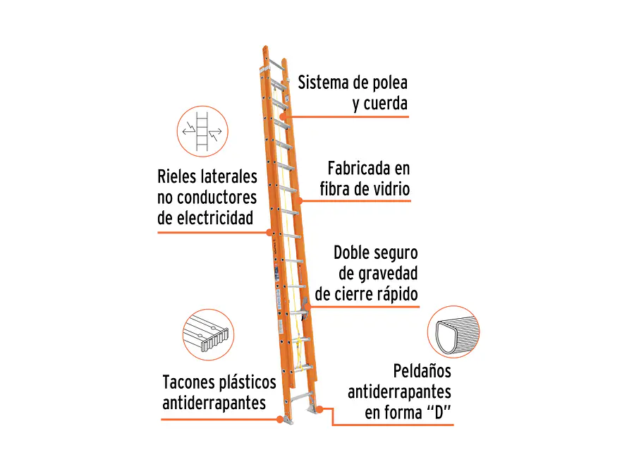 Escalera de extensión Truper 100228, tipo II, 20 peldaños, fibra de vidrio