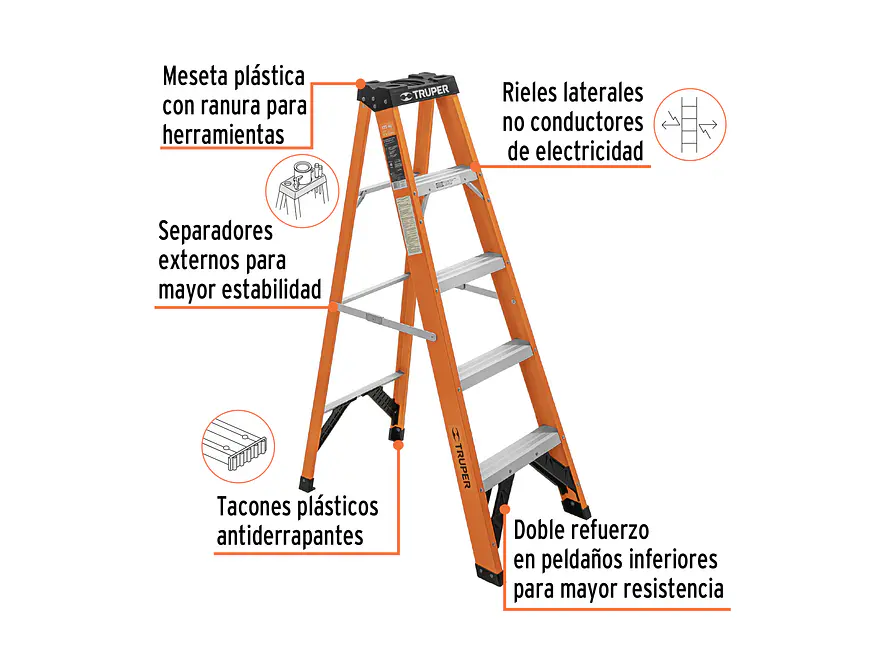 Escalera de tijera tipo ll Truper 100224 4 peldaños fibra de vidrio  - Foto 3 | aztools.co