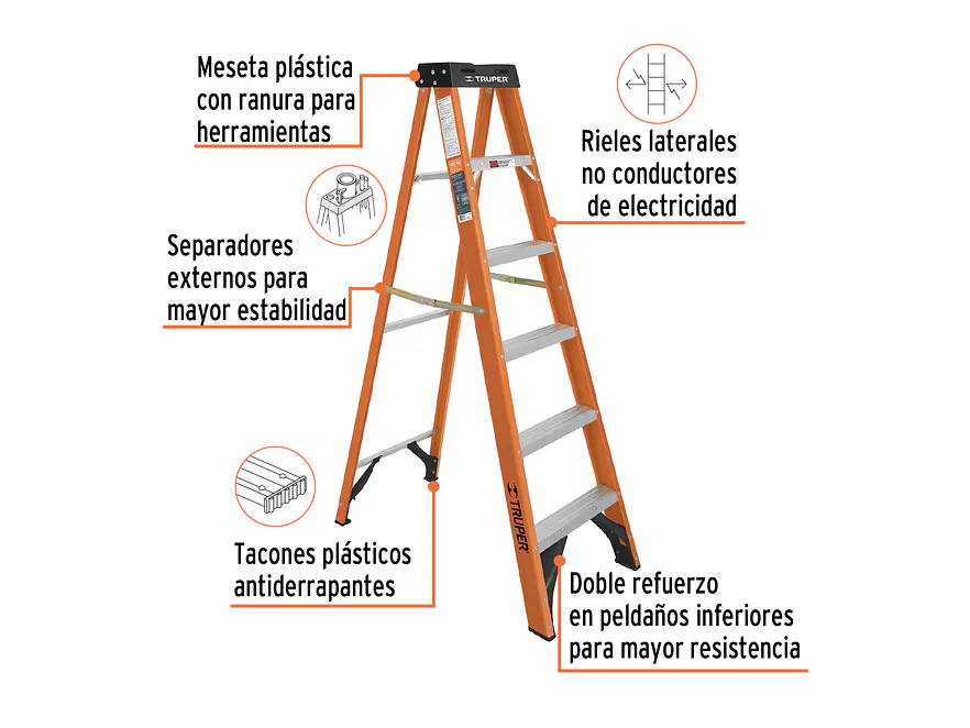 Escalera de tijera tipo ll Truper 100225 5 peldaños fibra de vidrio  - Foto 3 | aztools.co