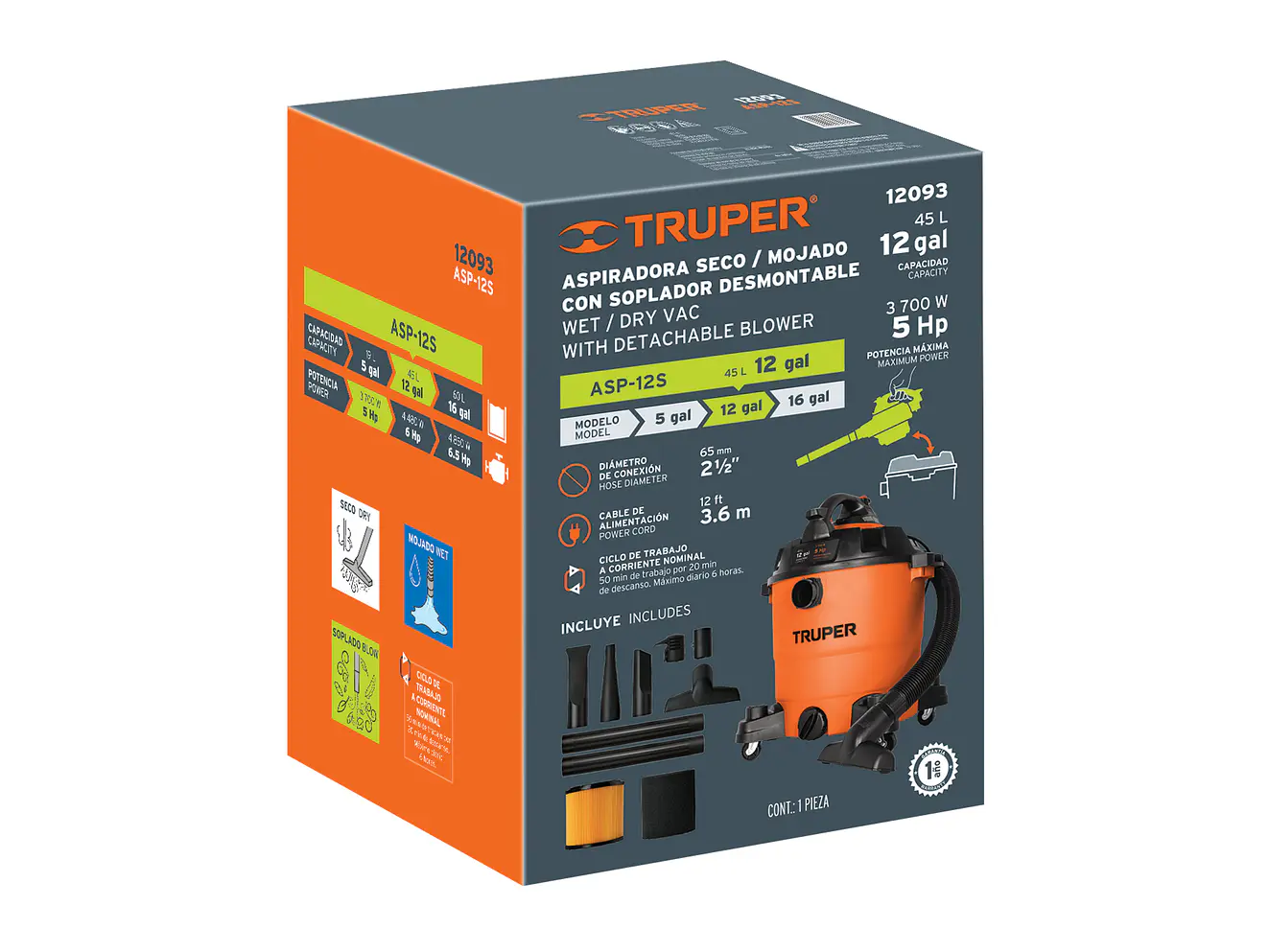 Aspiradora para Sólidos y Líquidos Truper ASP-12S 12093 5 HP 45 Litros con Soplador Desmontable  - Foto 5 | aztools.co