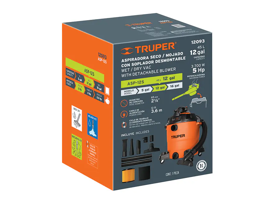Aspiradora para Sólidos y Líquidos Truper ASP-12S 12093 5 HP 45 Litros con Soplador Desmontable  - Foto 5 | aztools.co