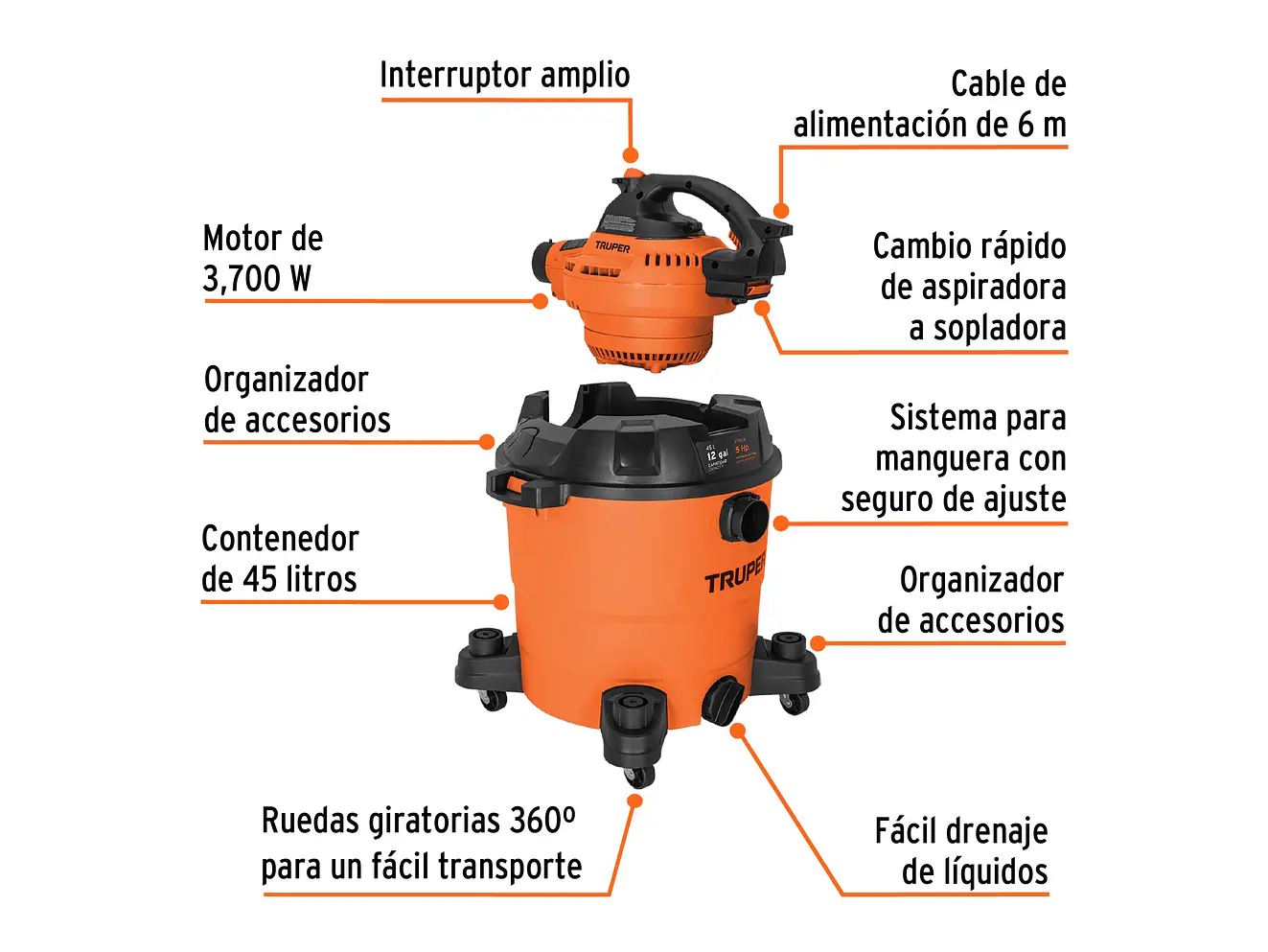 Aspiradora para Sólidos y Líquidos Truper ASP-12S 12093 5 HP 45 Litros con Soplador Desmontable  - Foto 2 | aztools.co