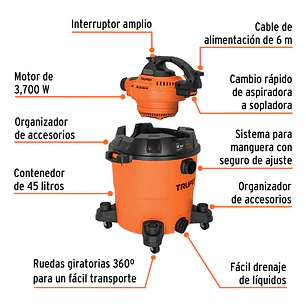 Aspiradora para Sólidos y Líquidos Truper ASP-12S 12093 5 HP 45 Litros con Soplador Desmontable 