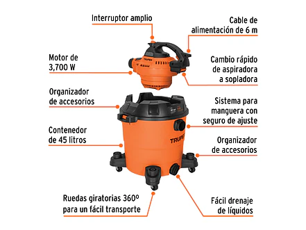 Aspiradora para Sólidos y Líquidos Truper ASP-12S 12093 5 HP 45 Litros con Soplador Desmontable  - Foto 2 | aztools.co