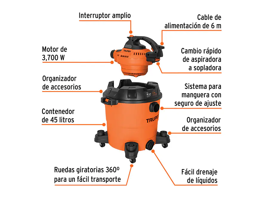 Aspiradora para Sólidos y Líquidos Truper ASP-12S 12093 5 HP 45 Litros con Soplador Desmontable  - Foto 2 | aztools.co