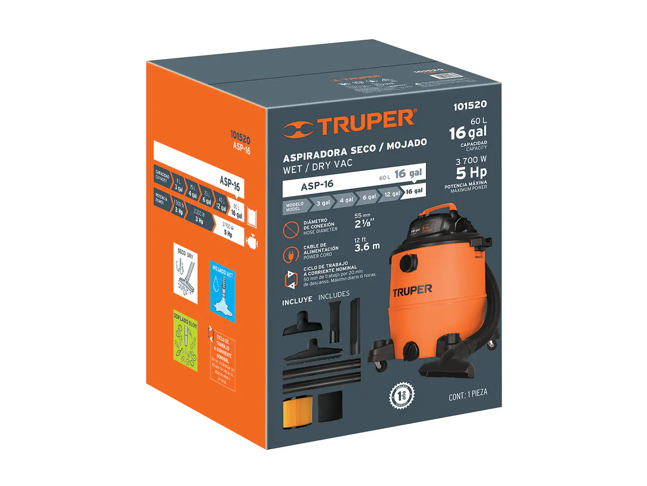 Aspiradora de 16 galones  Para Líquidos y Sólidos | Truper 101520 | ASP-16 - Foto 4 | aztools.co