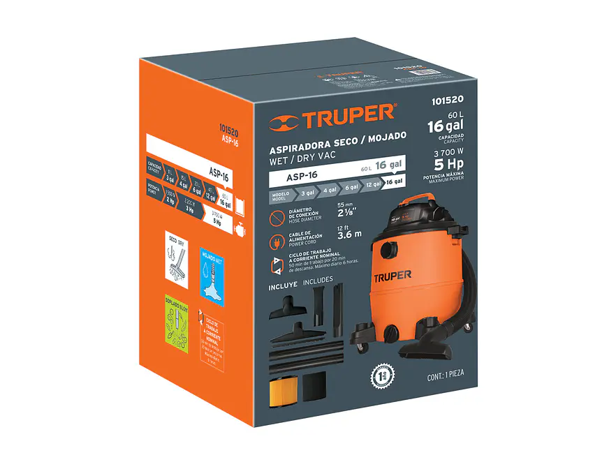 Aspiradora de 16 galones  Para Líquidos y Sólidos | Truper 101520 | ASP-16 - Foto 4 | aztools.co