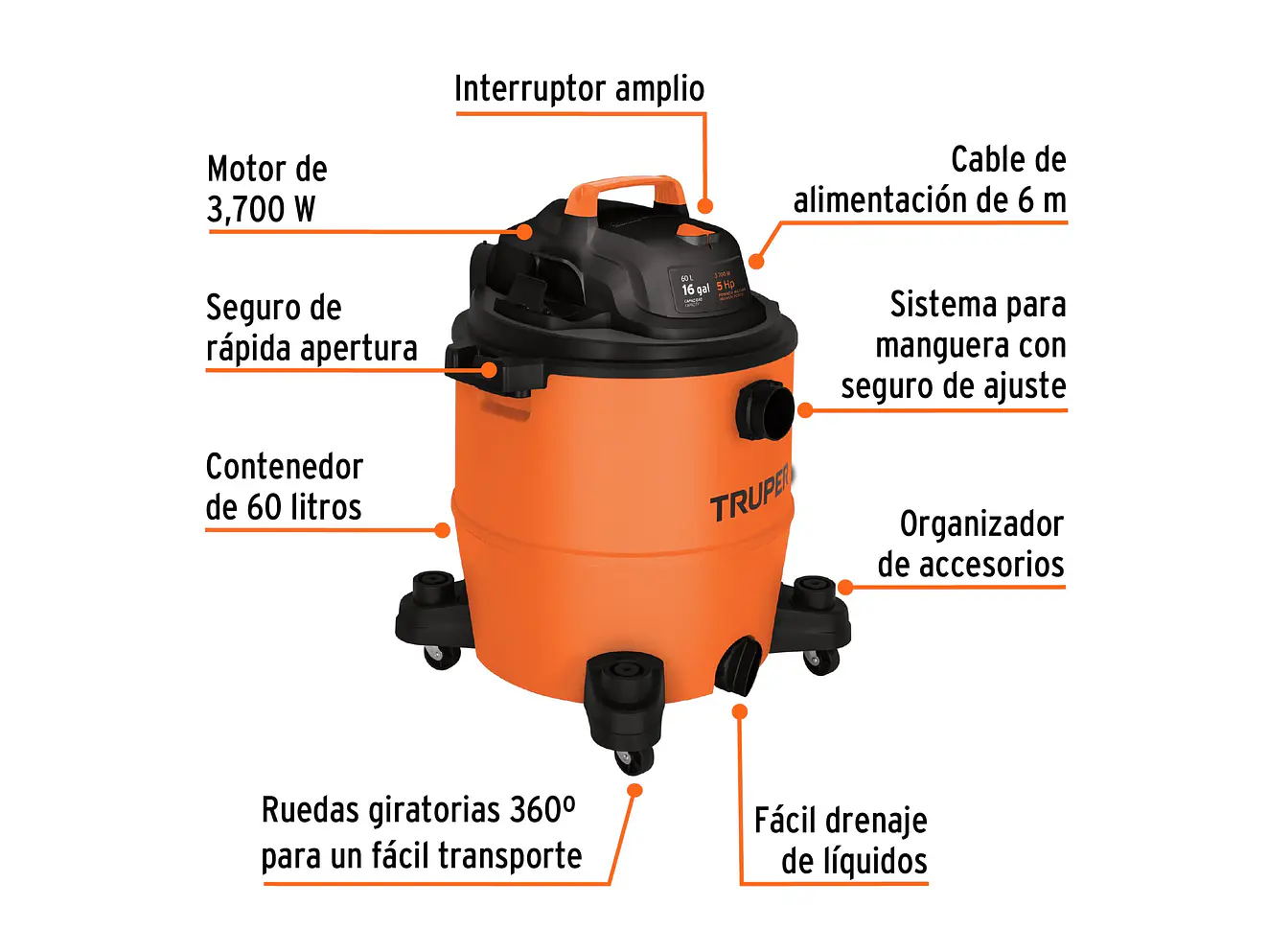 Aspiradora de 16 galones  Para Líquidos y Sólidos | Truper 101520 | ASP-16 - Foto 2 | aztools.co