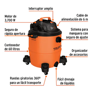 Aspiradora de 16 galones  Para Líquidos y Sólidos | Truper 101520 | ASP-16