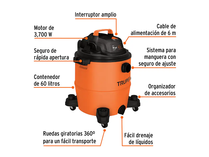 Aspiradora de 16 galones  Para Líquidos y Sólidos | Truper 101520 | ASP-16 - Foto 2 | aztools.co