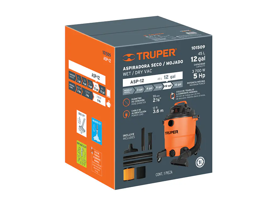 Aspiradora de 12 galones Para Líquidos y Sólidos | Truper 101509 | ASP-12 - Foto 4 | aztools.co