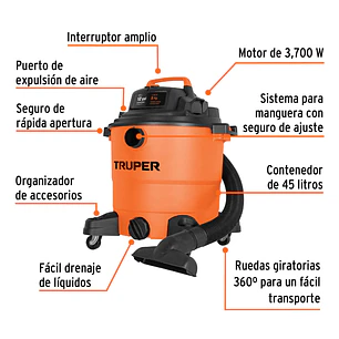 Aspiradora de 12 galones Para Líquidos y Sólidos | Truper 101509 | ASP-12