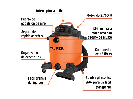 Aspiradora de 12 galones Para Líquidos y Sólidos | Truper 101509 | ASP-12 - Foto 2 | aztools.co