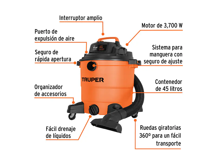 Aspiradora de 12 galones Para Líquidos y Sólidos | Truper 101509 | ASP-12 - Foto 2 | aztools.co