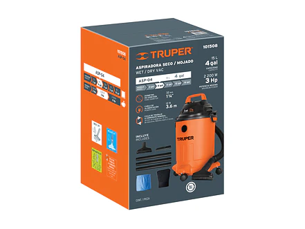 Aspiradora para Sólidos y Líquidos Truper ASP-04 101508 3 HP 15 Litros 110V - Foto 4 | aztools.co